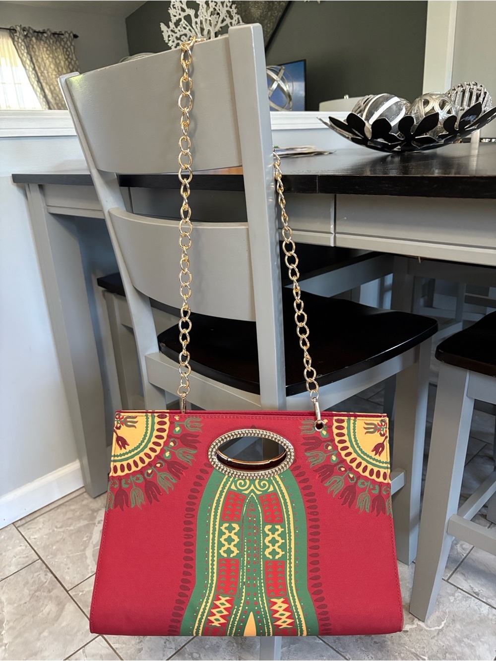 Red Patterned Chain-Handle Women’s Shoulder Bag